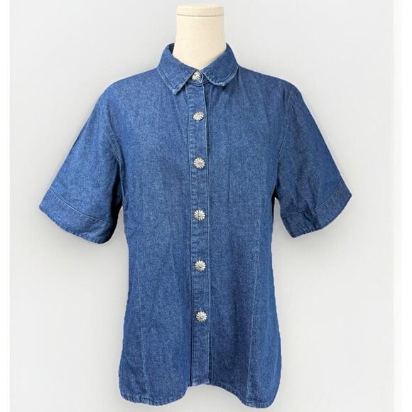 VTG 90s Western Denim Button Shirt M Metal Flower Street Peasant Cottagecore USA - Picture 1 of 10